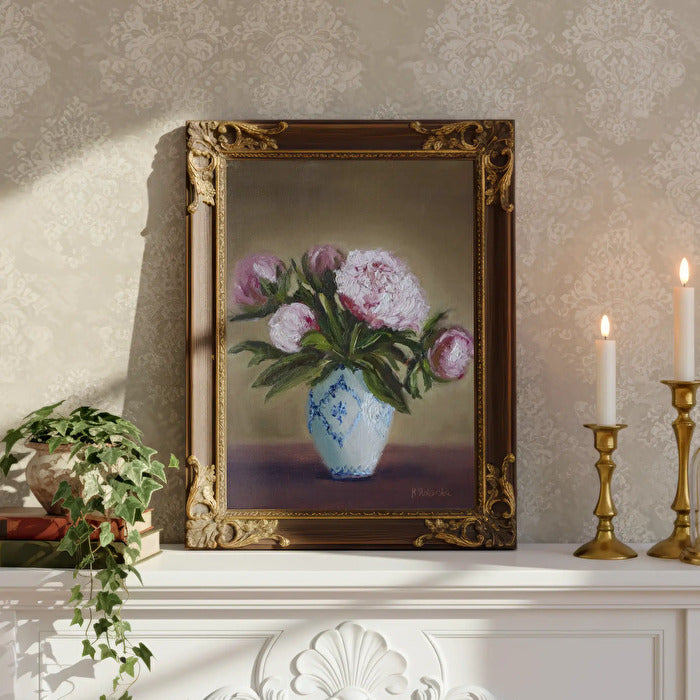 Original oil painting of peonies in a gold frame styled on a mantelpiece with candles - Marta Stolarska Art Studio