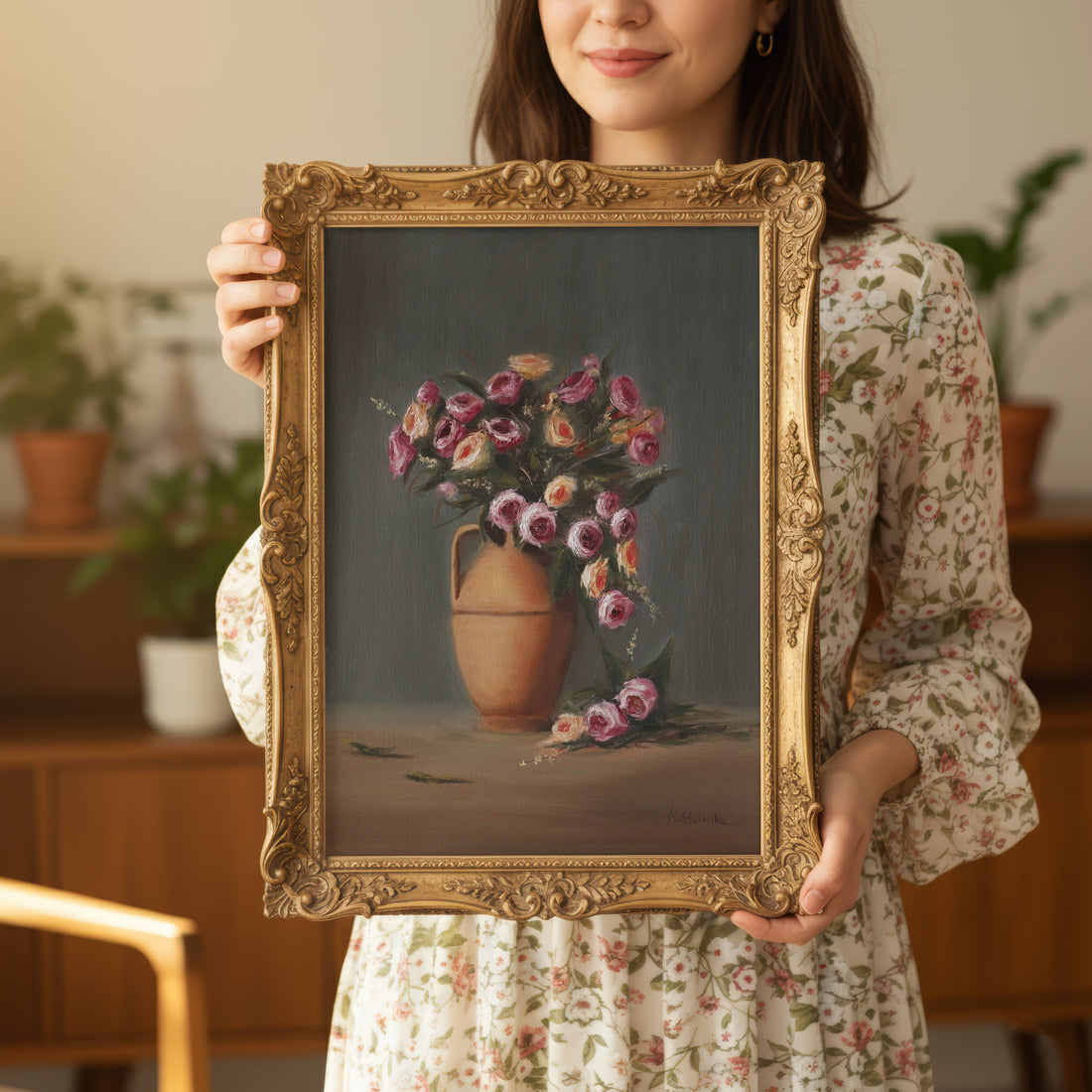 A woman holding a gold-framed floral painting - how to start collecting original art