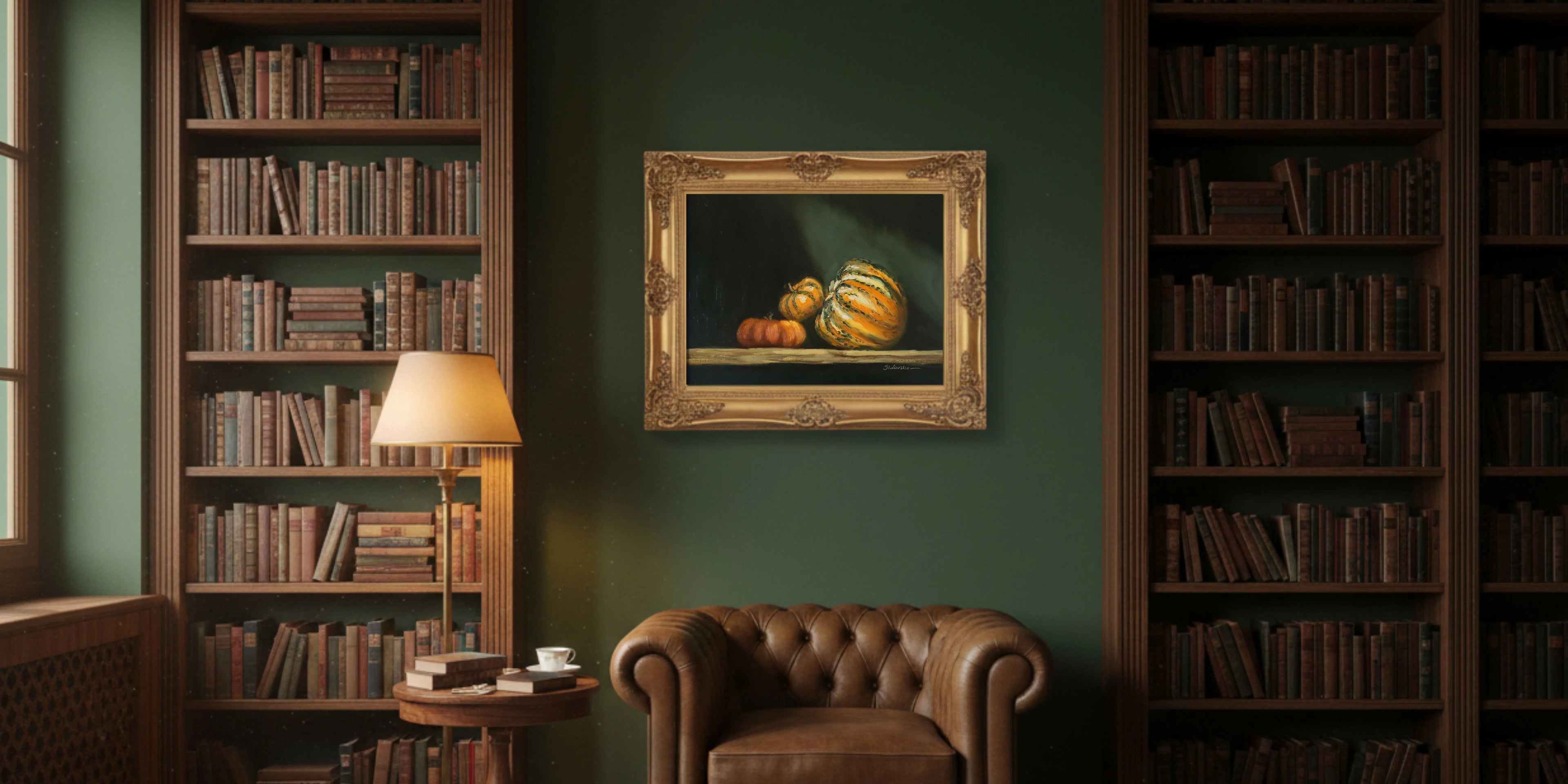 Chiaroscuro, high contract light and shadow oil painting by marta stolarska. Painting is of a trio od autumnal pumpkins with directional light in a home library with dark and expensive looking interior.