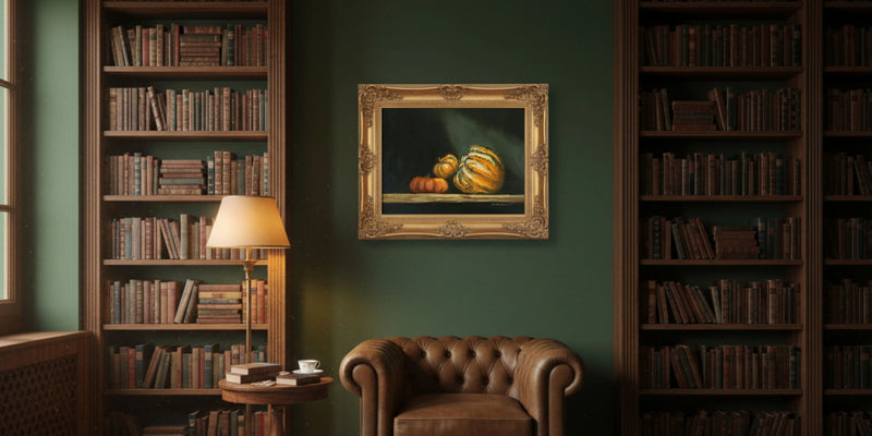 Chiaroscuro, high contract light and shadow oil painting by marta stolarska. Painting is of a trio od autumnal pumpkins with directional light in a home library with dark and expensive looking interior.
