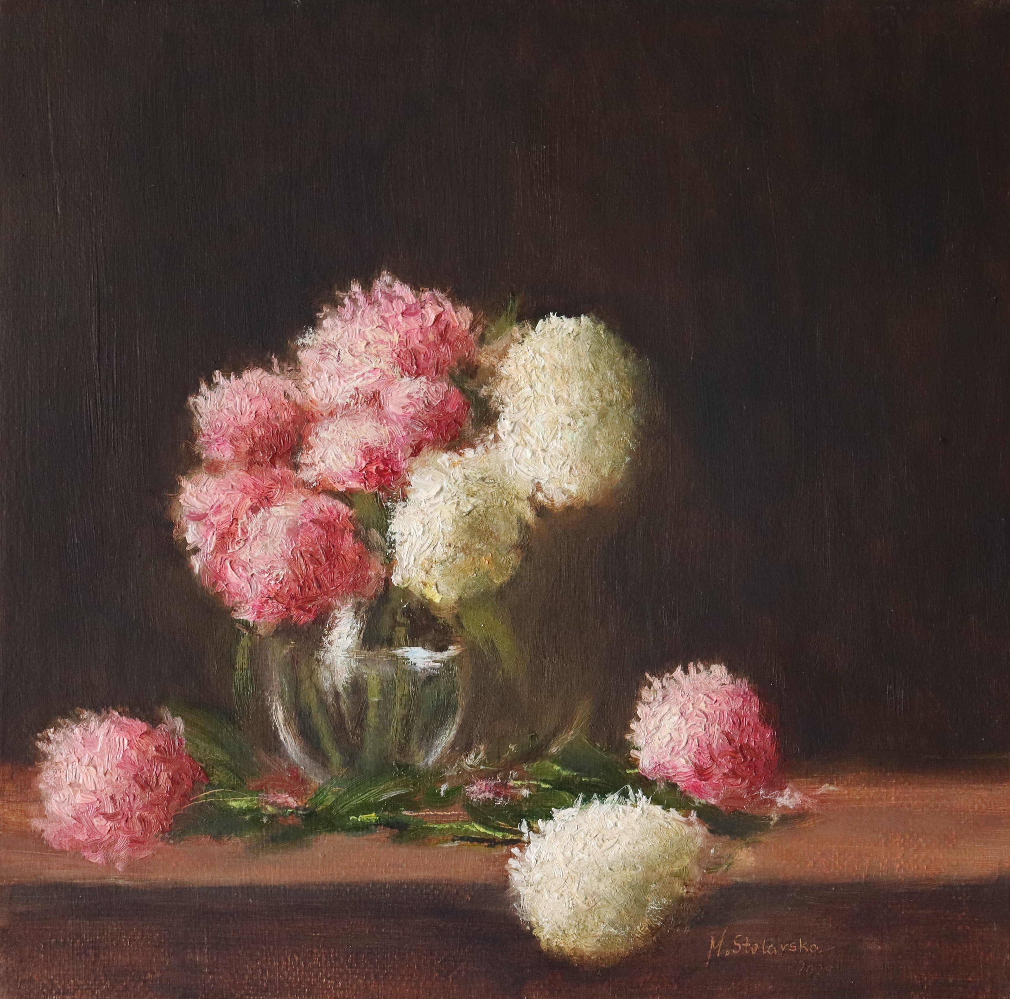 The Delicate Garden Hydrangeas - original oil painting by Marta Stolarska, pink and white hydrangeas in a glass vase with blooms on a wooden table, 20x20cm deep edge canvas, ready to hang