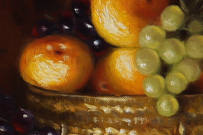 Close-up of a still life painting with fruits and a bowl. Abundance by Marta Stolarska - award-selected chiaroscuro still life, oil on deep edge canvas, 40x40cm