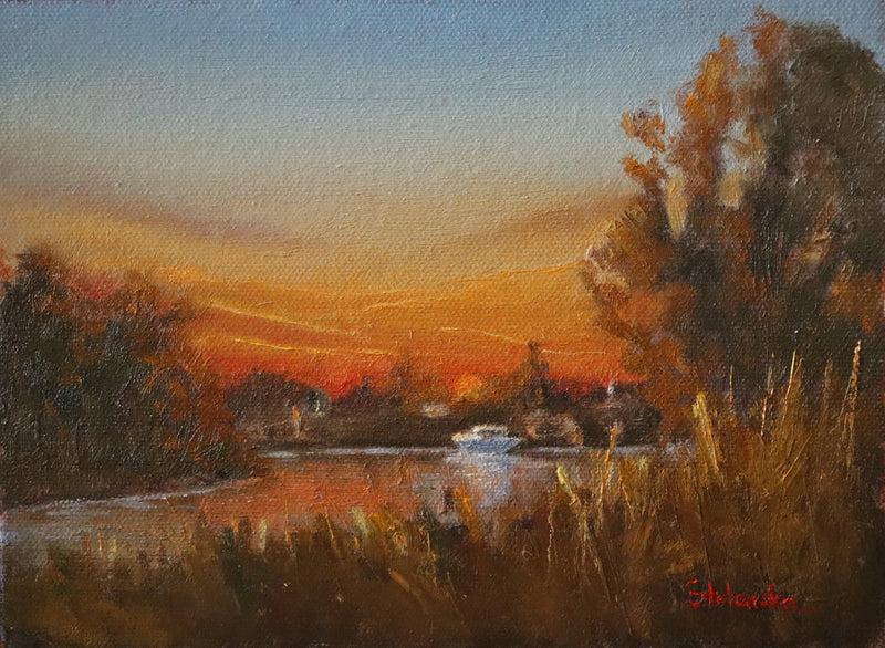 Original oil painting of boaters enjoying sunset at the Suffolk marshes, warm evening light on water by local artist