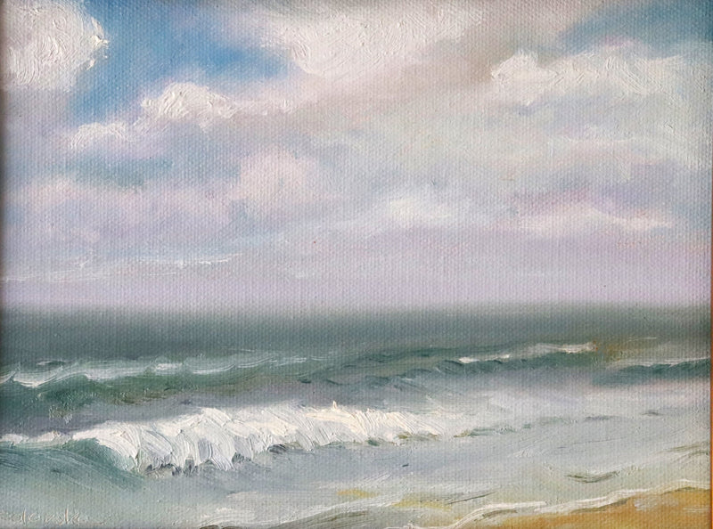 Corton Beach Waves - original oil painting of gentle waves on a Suffolk beach with a wide cloudy sky, painted in warm afternoon light. Oil on handmade canvas board, 8 x 6 inches, by Marta Stolarska.