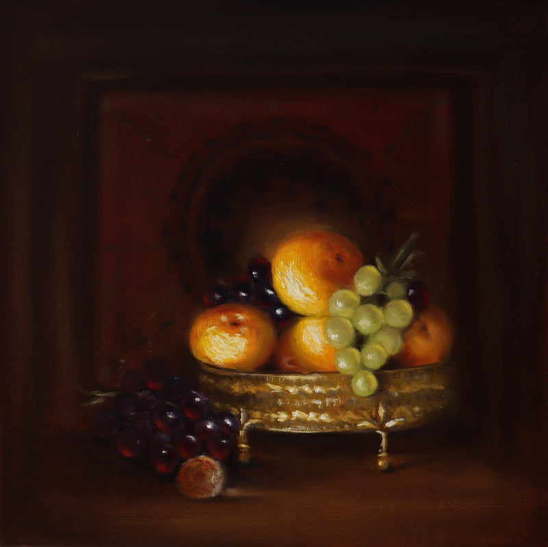 Abundance - original chiaroscuro oil painting of a gilded fruit bowl with oranges and grapes by Marta Stolarska