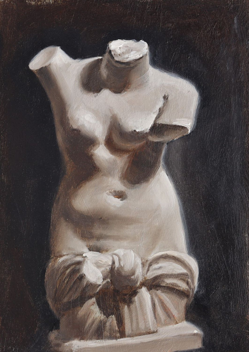 An oil painting of a female cast from front view painted in monochrome, burnt umber and white, by Marta Stolarska, an artist based in Suffolk, UK