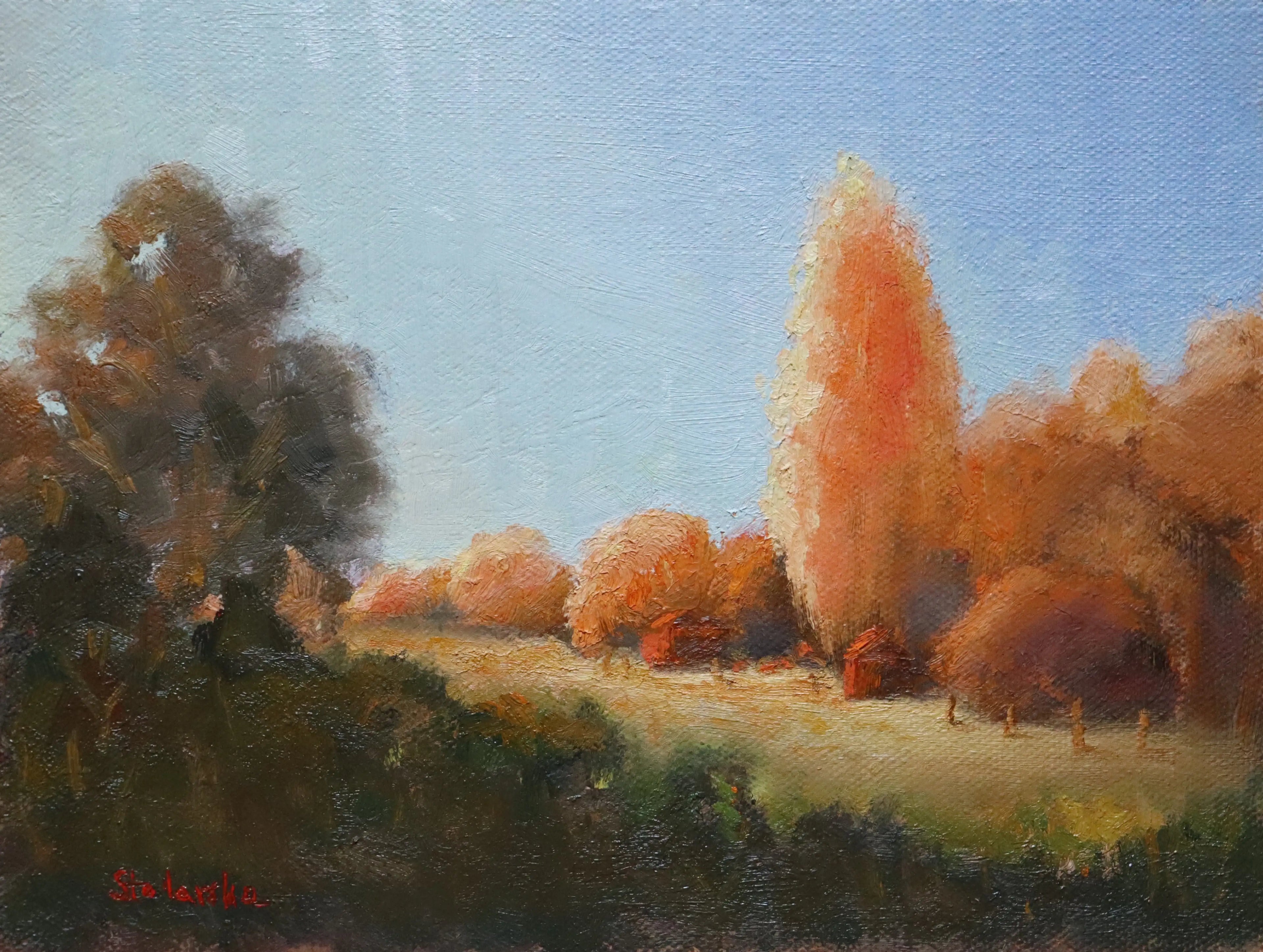 Local artist. Original oil painting of sunset at the stables, trees and golden evening light, Suffolk landscape
