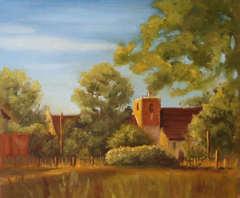 Painting of a rural landscape of St Michael's church in Oulton Broad, Norfolk,  with trees and some local outbuildings. Original oil painting of St Michael's Church Oulton Broad Suffolk at sunset, golden light on stone