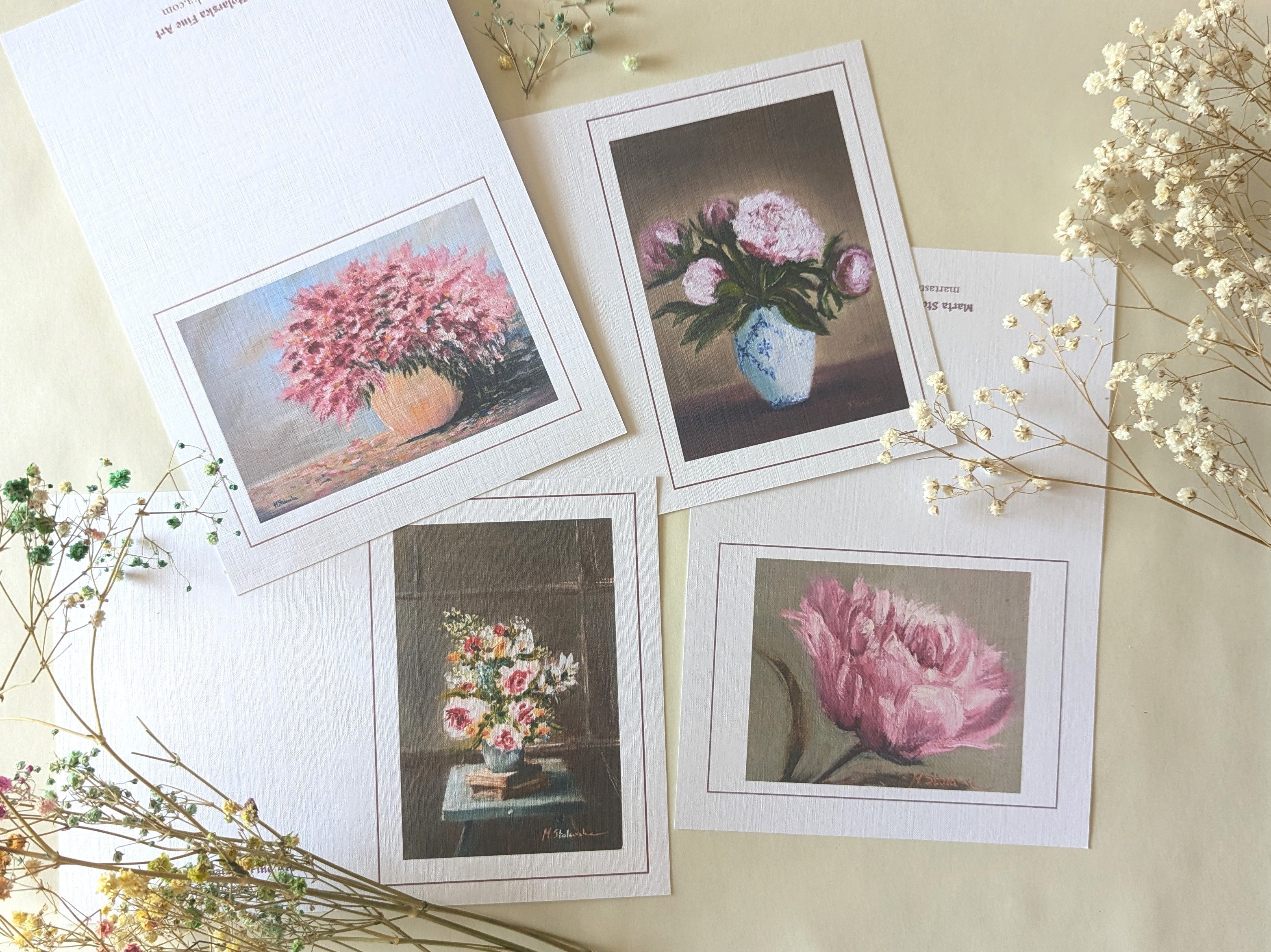 Greeting cards printed at the studio on faux linen card, each one reproducing an original painting. Organised by theme - landscapes, florals, still life and more - with customisable front text so you can make them your own.