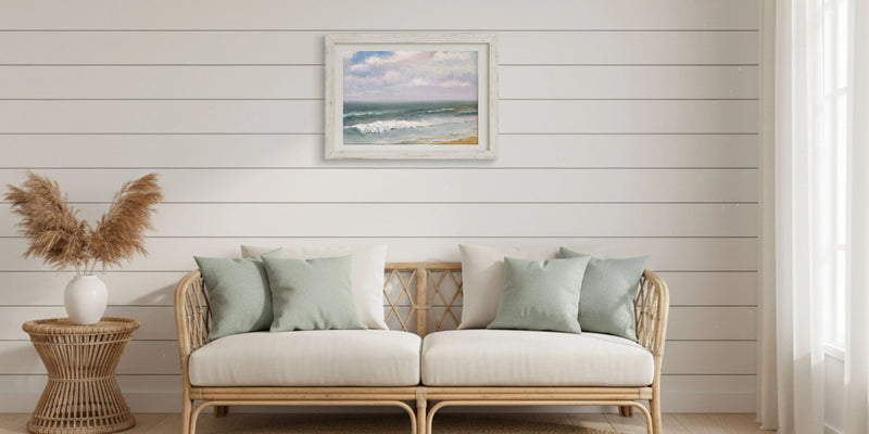 Coastal and marine Paintings. The Cove - original oil painting of a sheltered coastal bay with turquoise water and golden sand, painted in warm late spring light. Oil on canvas board, 8 x 6 inches.