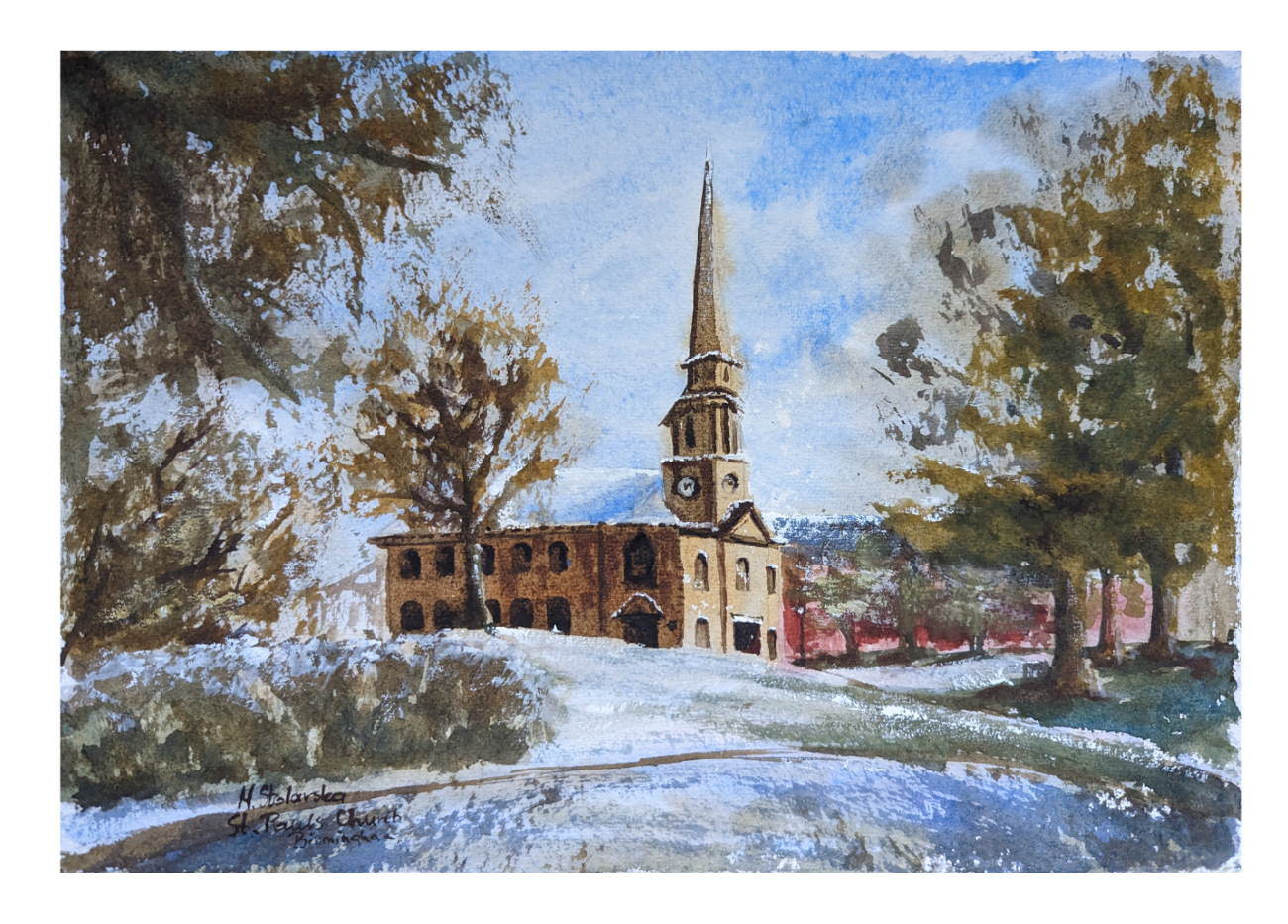 Local artist.Original watercolour painting of St Paul's Church Birmingham Jewellery Quarter on a cold bright winter day