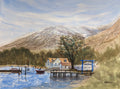 Painting of a lakeside scene with a house, dock, and mountains. Original watercolour painting of Ardlui Marina Loch Lomond Scottish Highlands, inspired by first trip to Scotland
