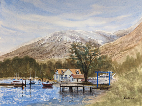 Painting of a lakeside scene with a house, dock, and mountains. Original watercolour painting of Ardlui Marina Loch Lomond Scottish Highlands, inspired by first trip to Scotland