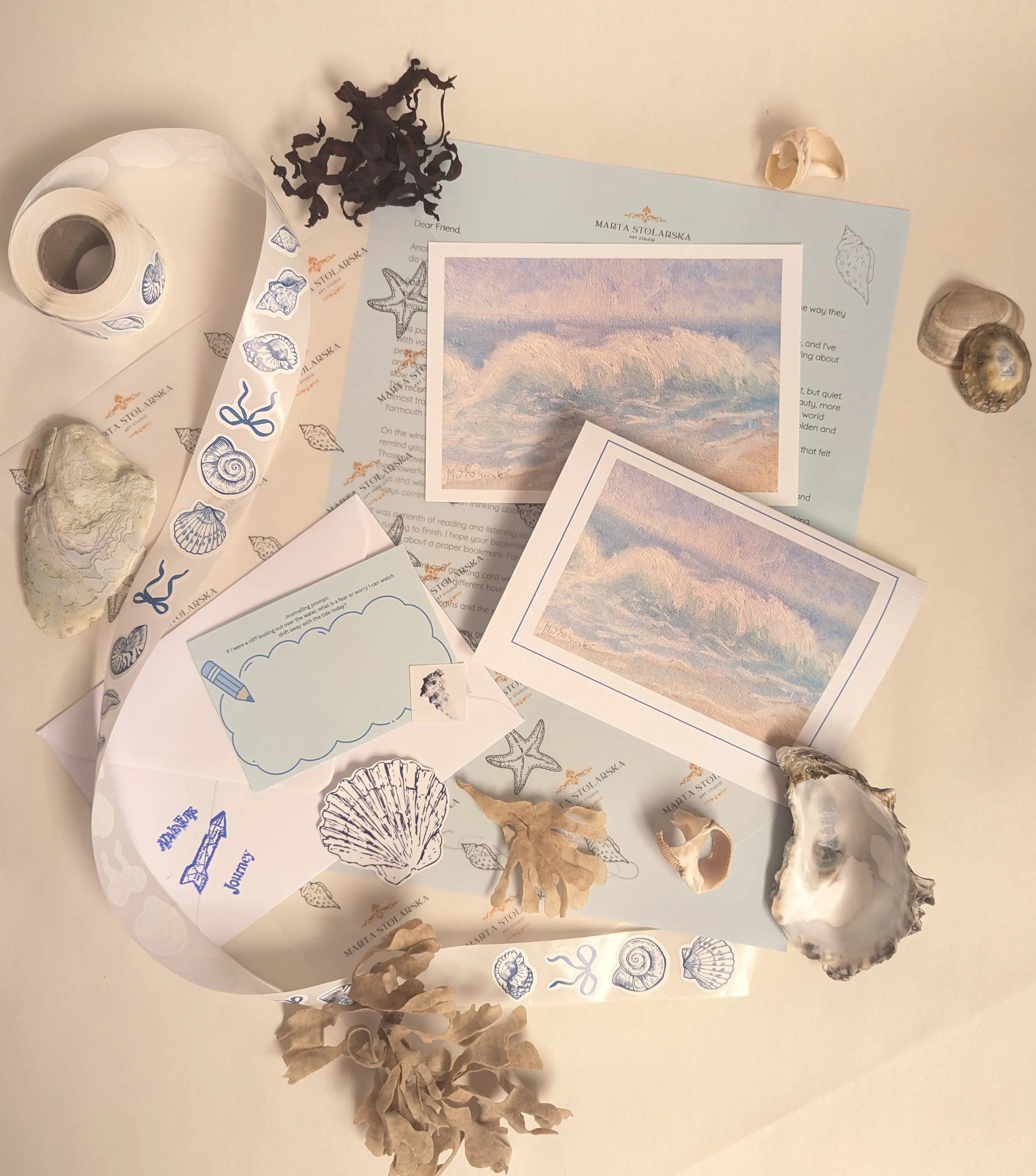 Coastal Mail Club original art subscription, receive original coastal artwork by post from Marta Stolarska. Greeting card, fine art print, stickers, stationery