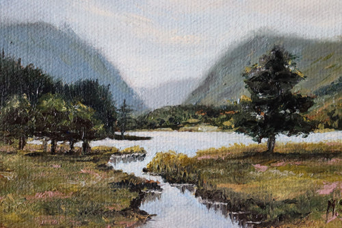 Original oil Painting of a landscape with a stream, trees, and mountains.