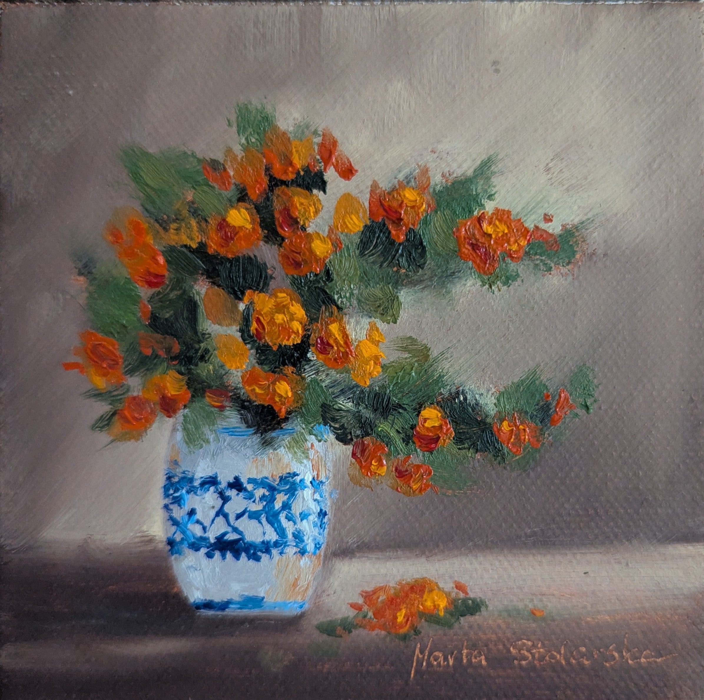 Painting of a vase with orange flowers on a gray background Original oil painting of an autumnal trio of flowers or fruits, warm amber and rust tones still life