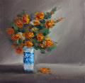 Oil painting of a bouquet of orange flowers in a blue and white vase on a gray background. Original oil painting of an autumnal trio of flowers or fruits, warm amber and rust tones still life