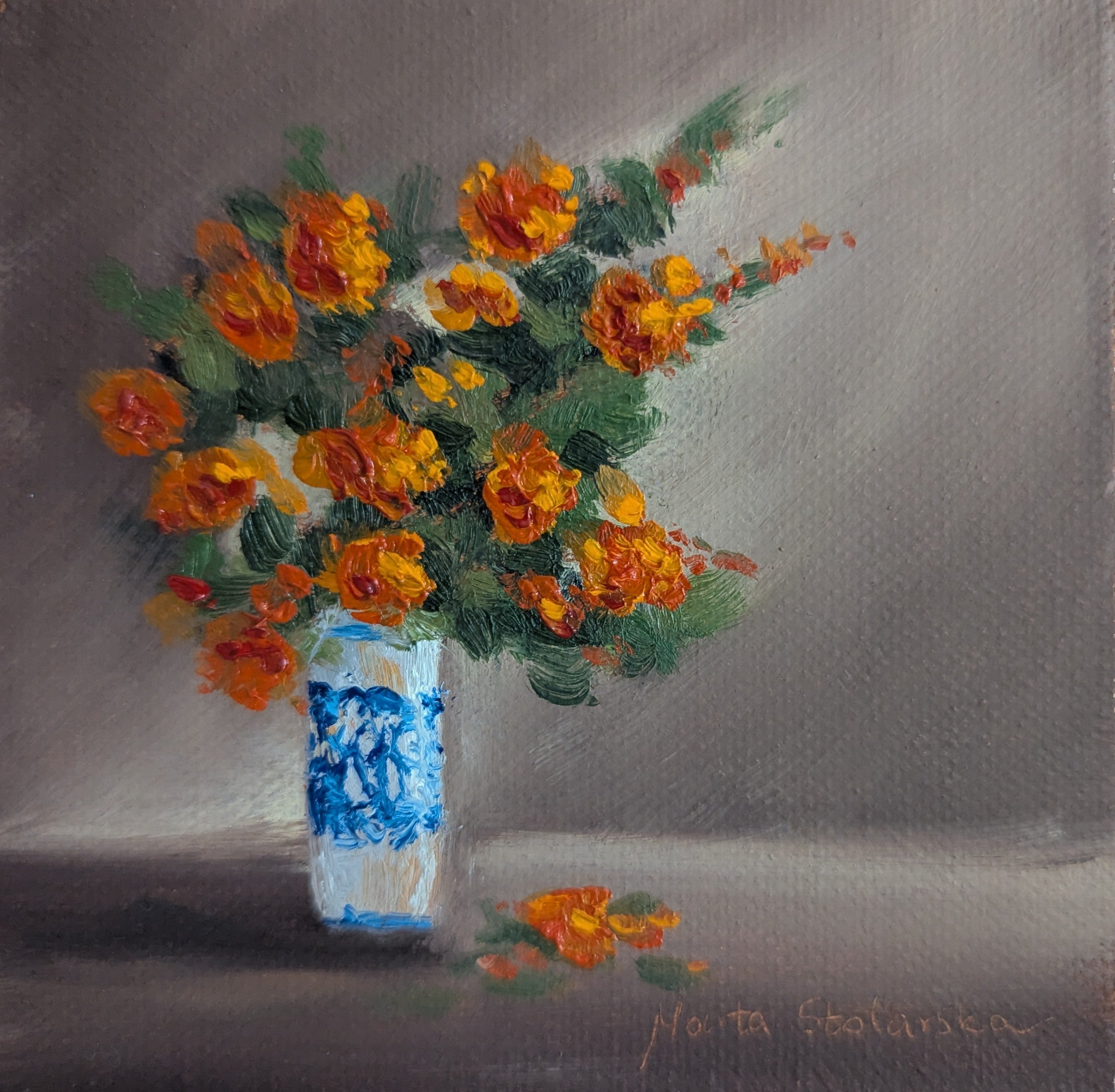 Oil painting of a bouquet of orange flowers in a blue and white vase on a gray background. Original oil painting of an autumnal trio of flowers or fruits, warm amber and rust tones still life