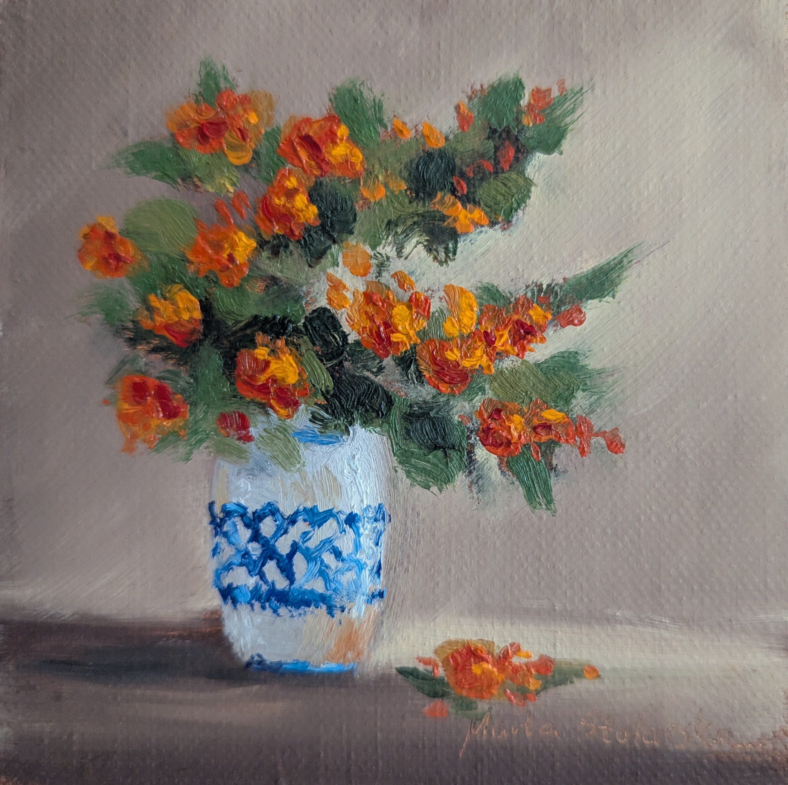 Still life painting of a vase with flowers on a neutral background Original oil painting of an autumnal trio of flowers or fruits, warm amber and rust tones still life