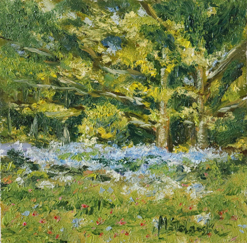 Painting of a forest floor with flowers and trees. Original plain air oil painting of bluebells on Beacon Hill Lickey Hills Birmingham, painted from life in spring
