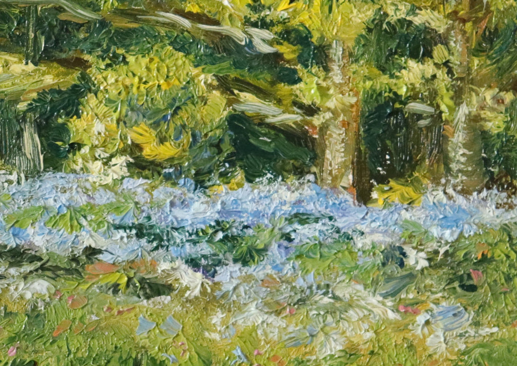 Painting of a forest floor with green foliage and a field of bluebells. Original plein air oil painting of bluebells on Beacon Hill Lickey Hills Birmingham, painted from life in spring