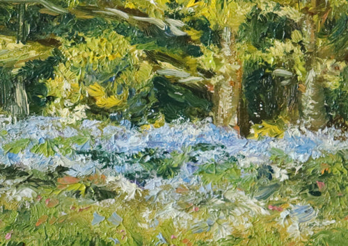 Painting of a forest floor with green foliage and a field of bluebells. Original plein air oil painting of bluebells on Beacon Hill Lickey Hills Birmingham, painted from life in spring