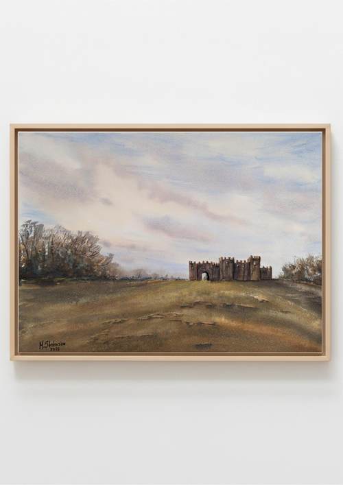 Original watercolour painting of Beacon Hill Toposcope Lickey Hills Birmingham at the turn from summer to autumn, burnt grasses and dramatic clouds