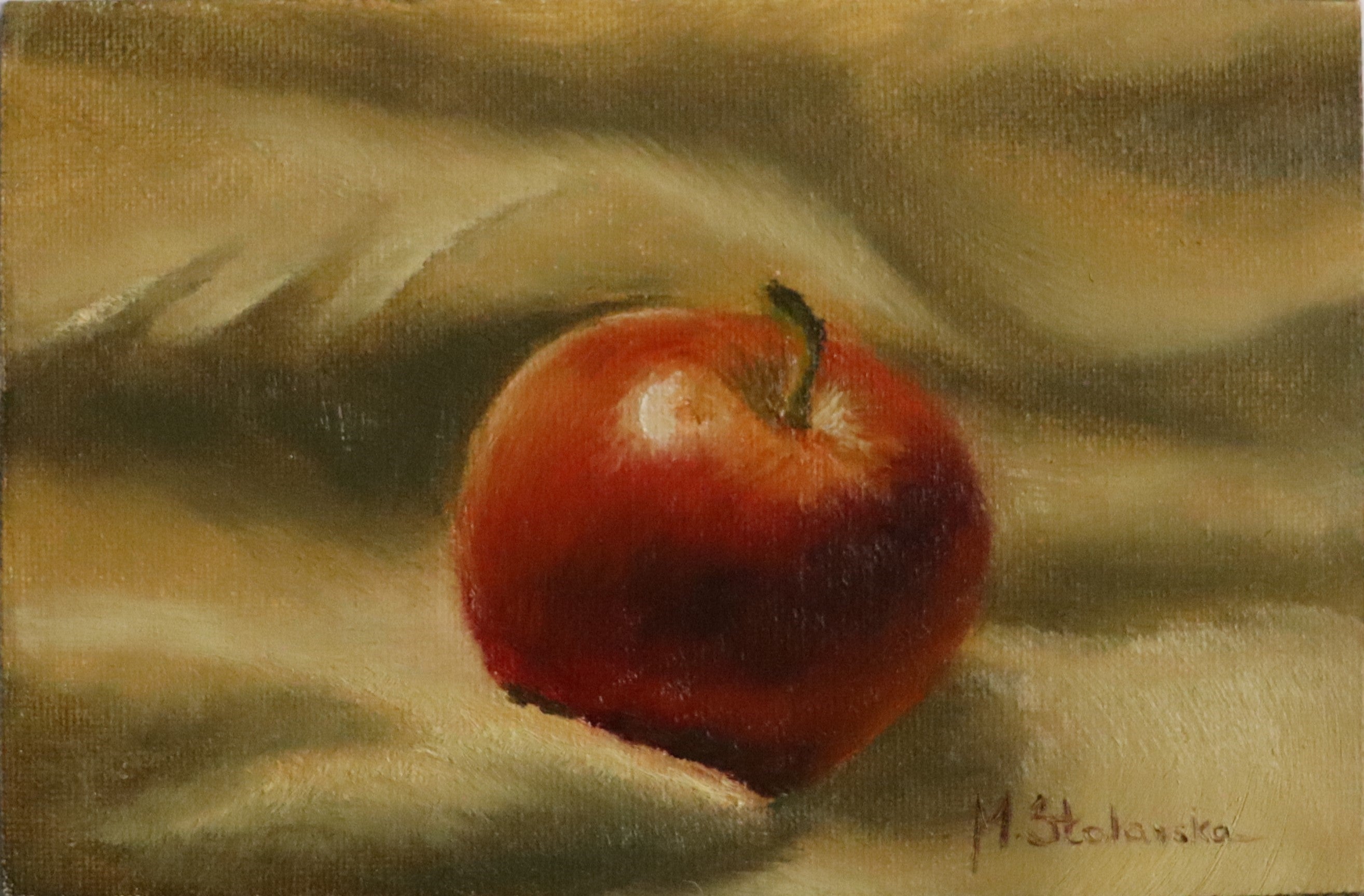 Before the Apple Pie original oil still life  apple painting in ornate black wooden frame, approx. 18.5 x 23.5 cm, by Marta Stolarska Fine Art, ready to hang