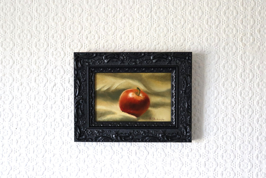 Before the Apple Pie original oil still life hung on a wall - framed apple painting in ornate black wooden frame, approx. 18.5 x 23.5 cm, by Marta Stolarska Fine Art, ready to hang