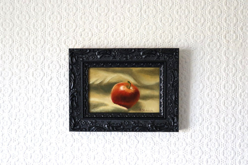 Before the Apple Pie original oil still life hung on a wall - framed apple painting in ornate black wooden frame, approx. 18.5 x 23.5 cm, by Marta Stolarska Fine Art, ready to hang