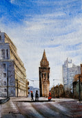 Corporation Street in Winter Birmingham - limited edition fine art print by Marta Stolarska, tram lines and silhouetted figures crossing the street, based on original watercolour, A4 archival matt paper, edition of 50, hand signed and numbered