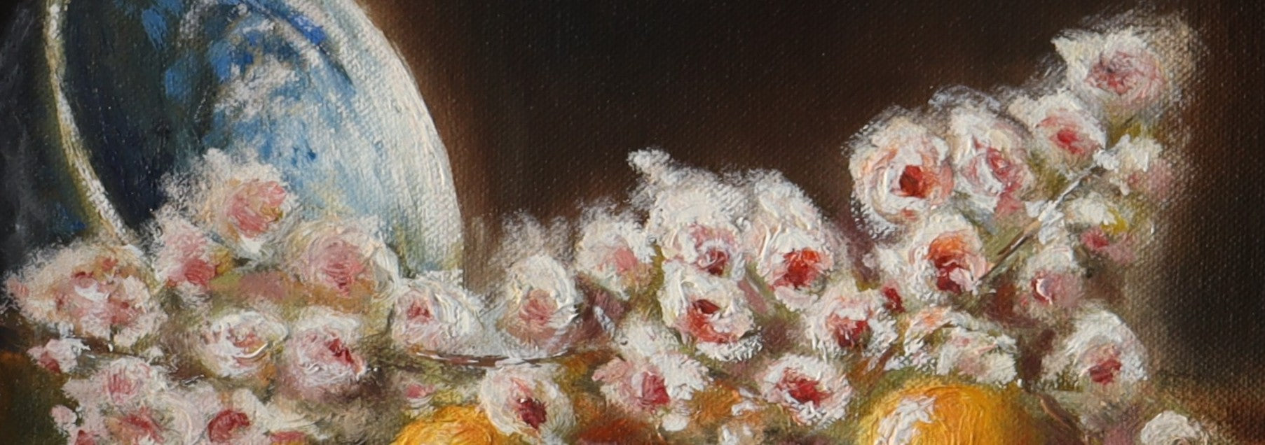Close-up detail of Blossom and Oranges - spring blossom petals and warm light, expressive oil brushwork on cradled wooden panel by Marta Stolarska
