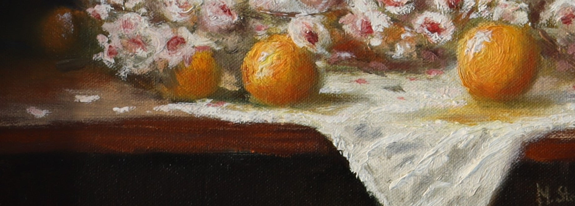 Detail of Blossom and Oranges - glowing oranges with light highlights on white linen cloth, oil painting texture by Marta Stolarska