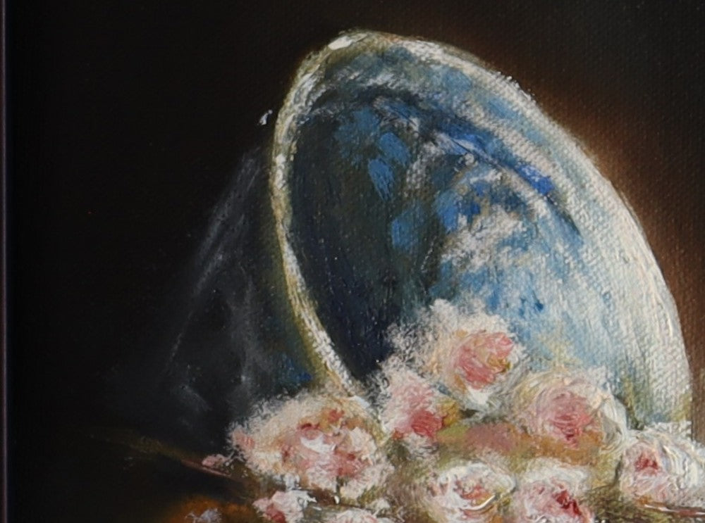 Detail of Blossom and Oranges - old white and blue porcelain bowl holding spring blossom, oil painting by Marta Stolarska, still life painted from life arrangement