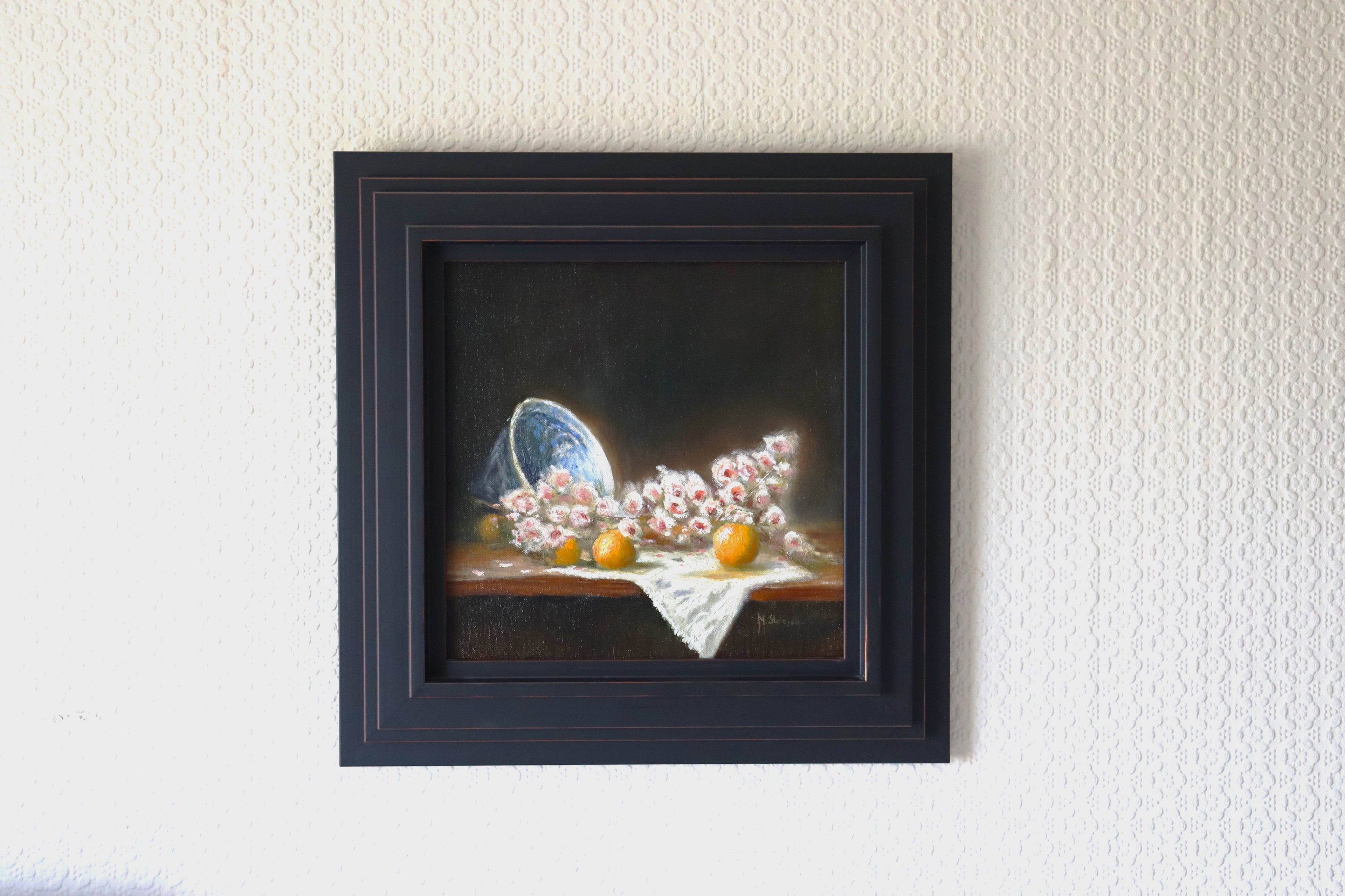 Blossom and Oranges original oil still life in frame - spring blossom, porcelain bowl and oranges on linen cloth, 45x45cm framed by Marta Stolarska Fine Art, ready to hang