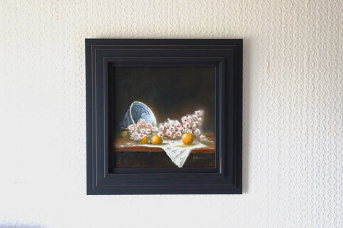 Blossom and Oranges original oil still life in frame - spring blossom, porcelain bowl and oranges on linen cloth, 45x45cm framed by Marta Stolarska Fine Art, ready to hang