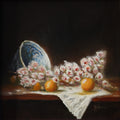Blossom and Oranges - original oil still life by Marta Stolarska, spring blossom in old white and blue porcelain bowl with glowing oranges on white linen cloth, oil on cradled wooden panel, 30x30cm