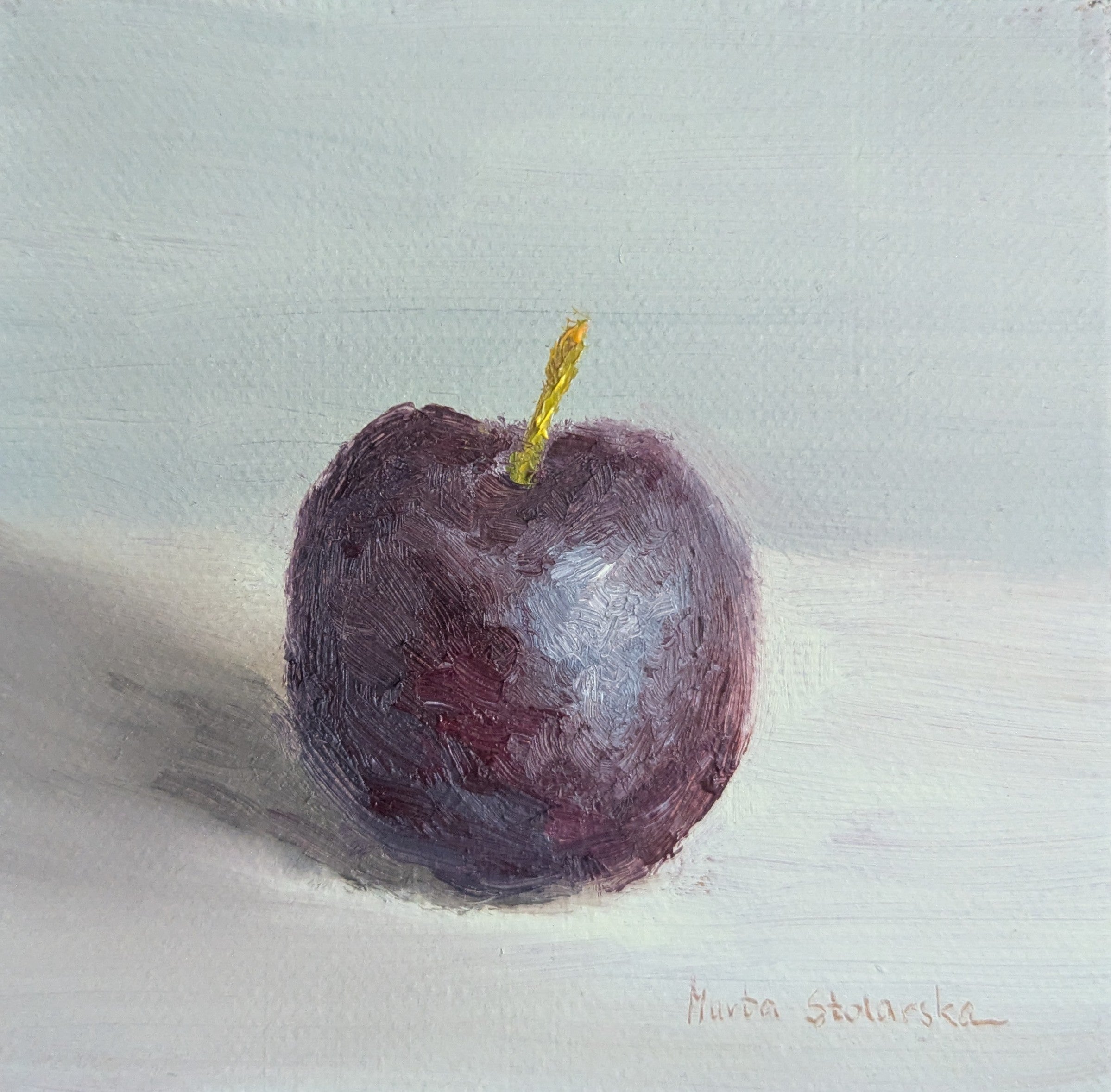 Original oil painting of blue reflections, light and colour of juicy plum