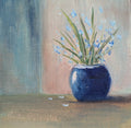 Original oil painting of blue sparkles, shimmering blue vase with delicate flowers by Marta Stolarska
