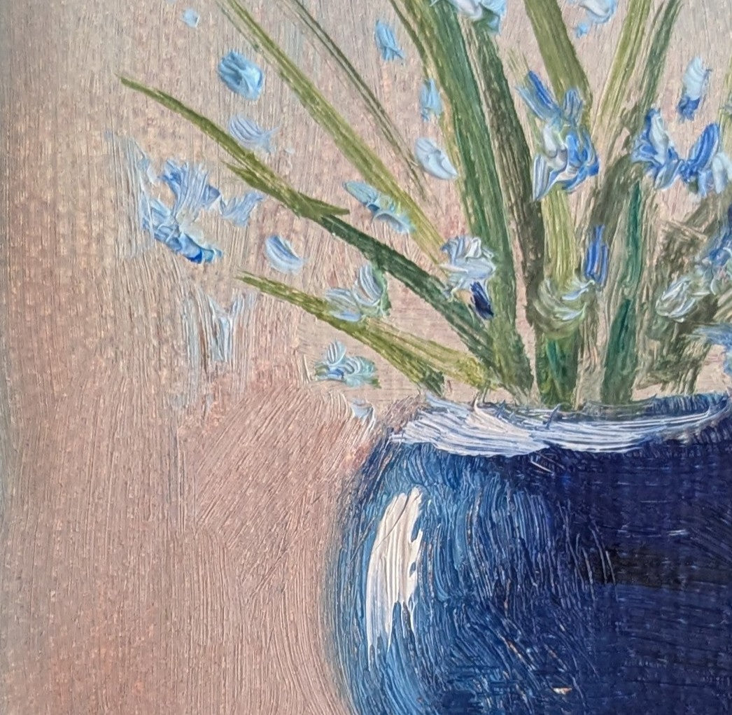 Original oil painting of blue sparkles, shimmering blue vase with delicate flowers by Marta Stolarska