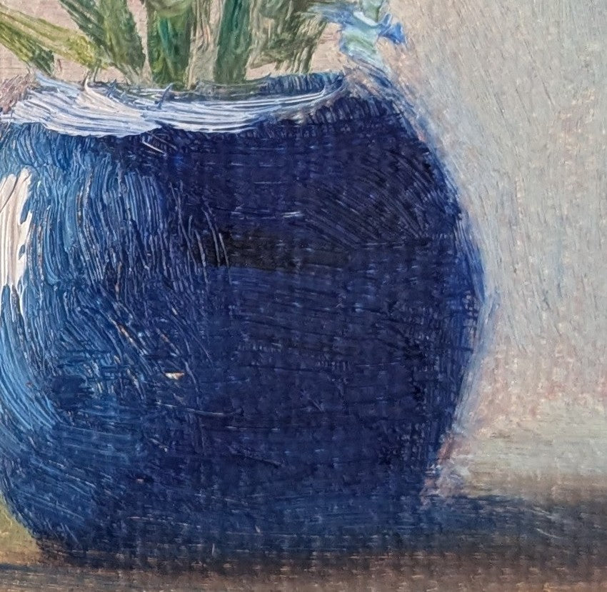 Blue vase with a plant on a textured surface. Original oil painting of blue sparkles, shimmering blue vase with delicate flowers by Marta Stolarska