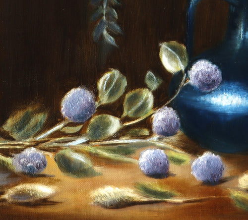 close up - Still life painting with a blue jug, green leaves, and purple berries on a dark background. Chiaroscuro sculptural techniques.