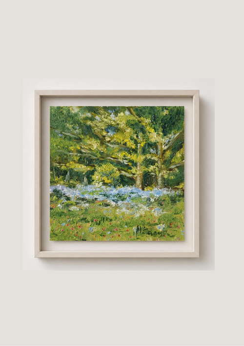 Painting of a forest floor with flowers and trees. Original plain air oil painting of bluebells on Beacon Hill Lickey Hills Birmingham, painted from life in spring