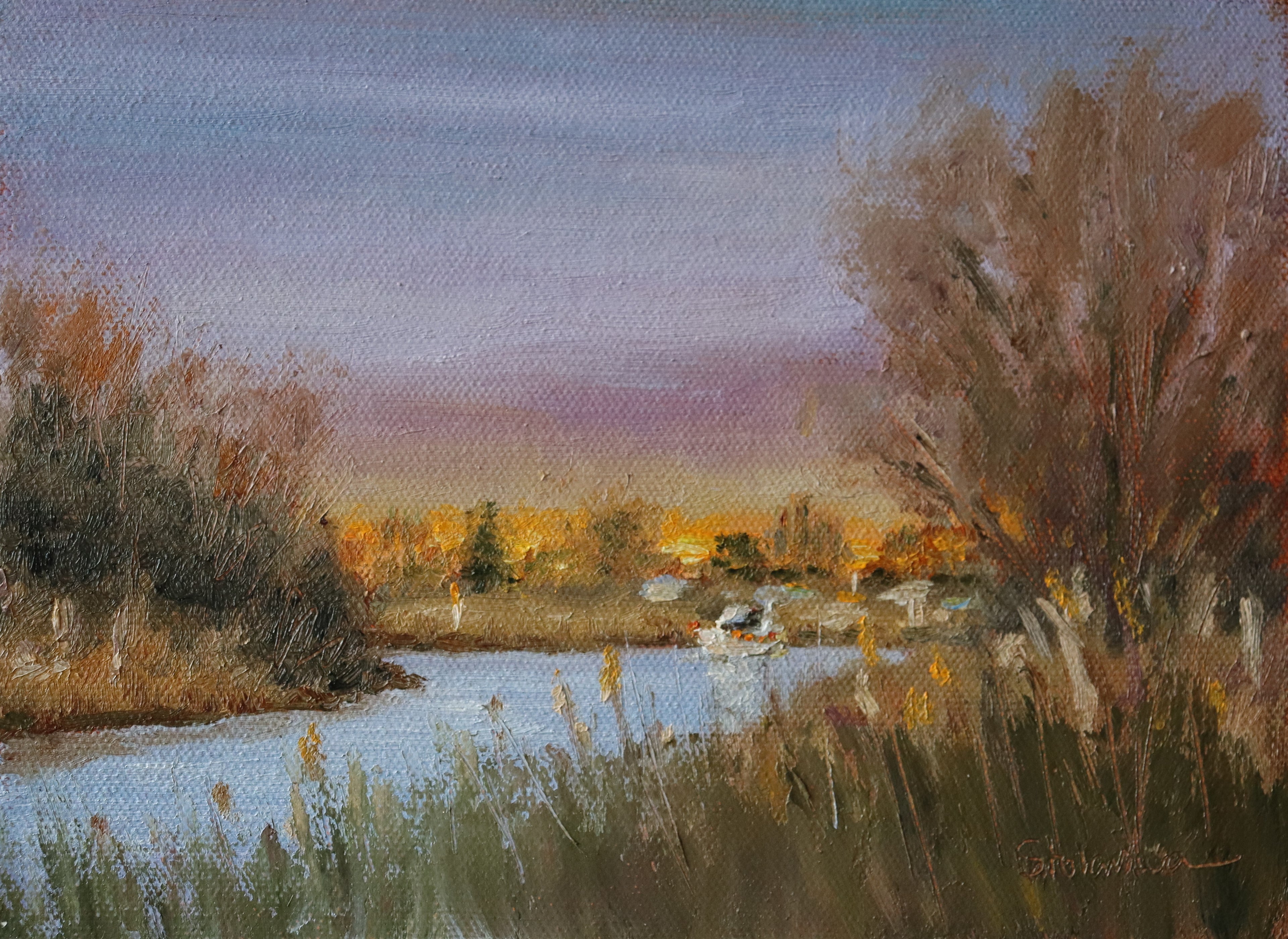 Original oil painting of boaters enjoying sunset at the Suffolk marshes, warm evening light on water by local artist