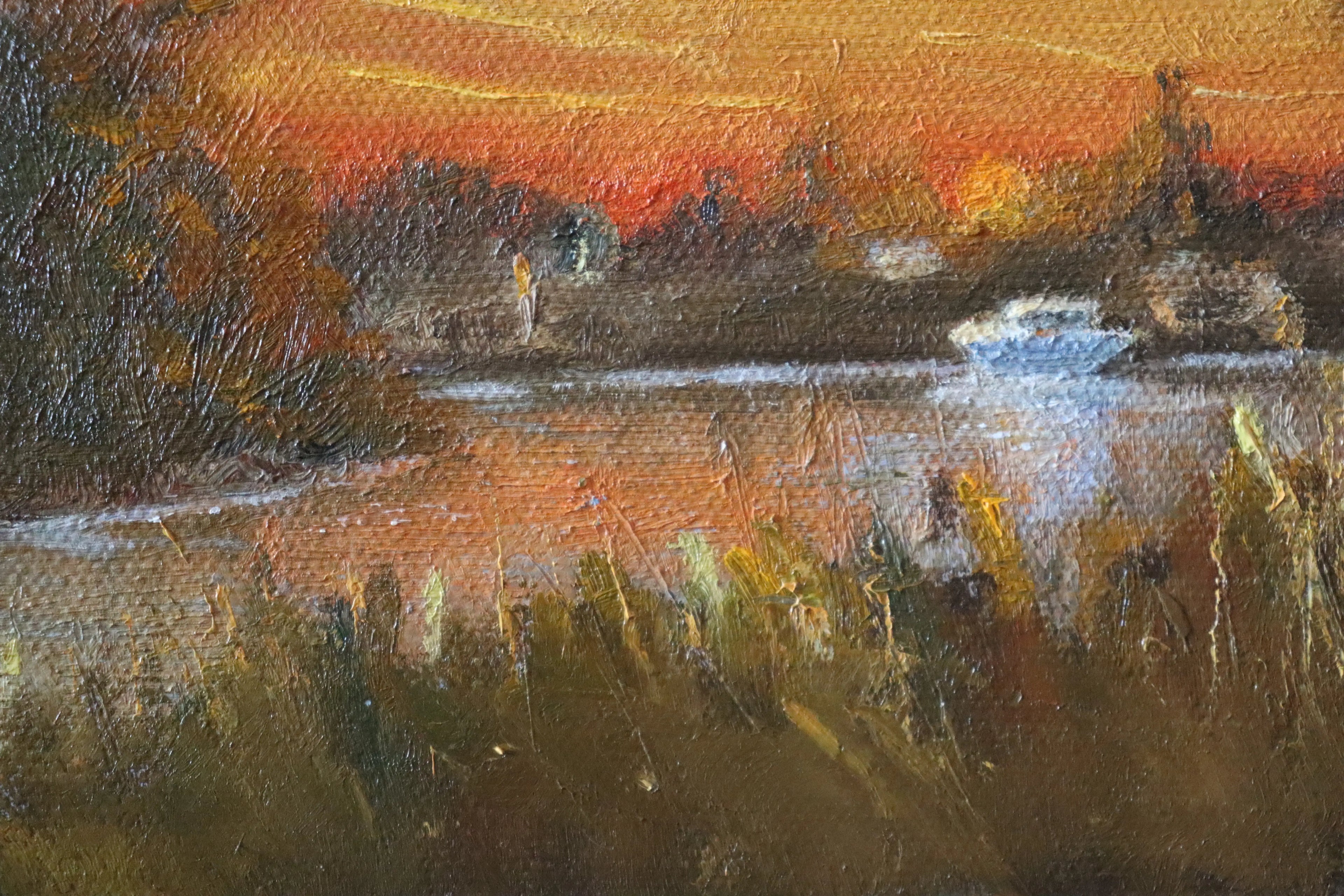 Painting of a landscape with a lake, trees, and a boat at sunset. Original oil painting of boaters enjoying sunset at the Suffolk marshes, warm evening light on water by local artist
