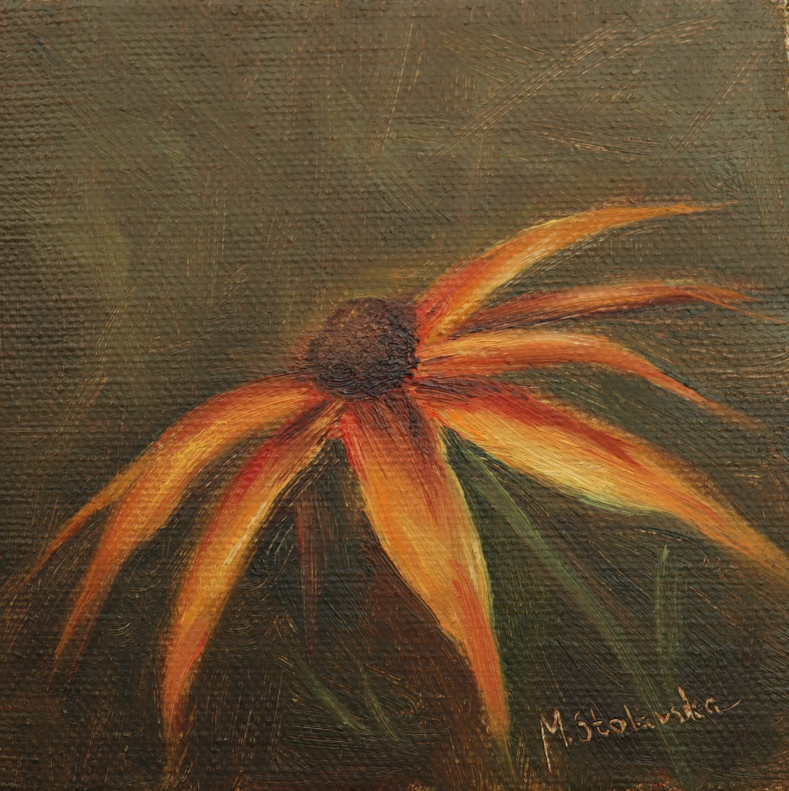 Small framed Original oil painting of Brown-Eyed Susan flowers, golden daisy-like blooms in a floral still life