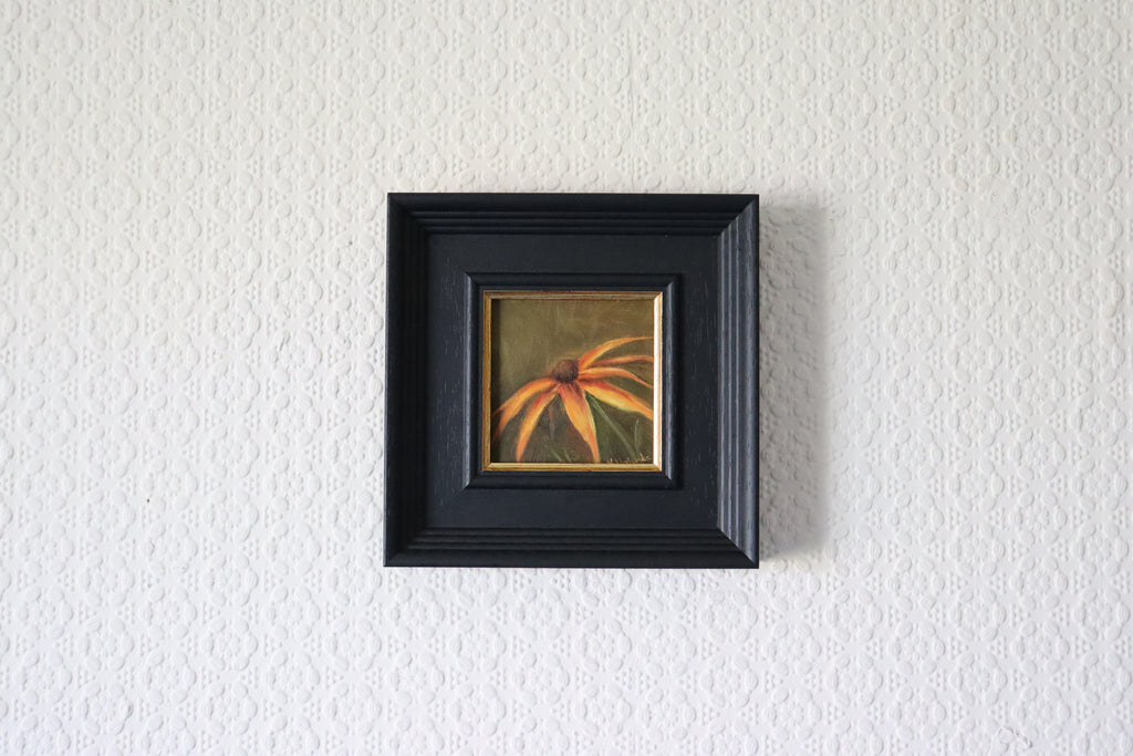 Small framed Original oil painting of Brown-Eyed Susan flowers, golden daisy-like blooms in a floral still life