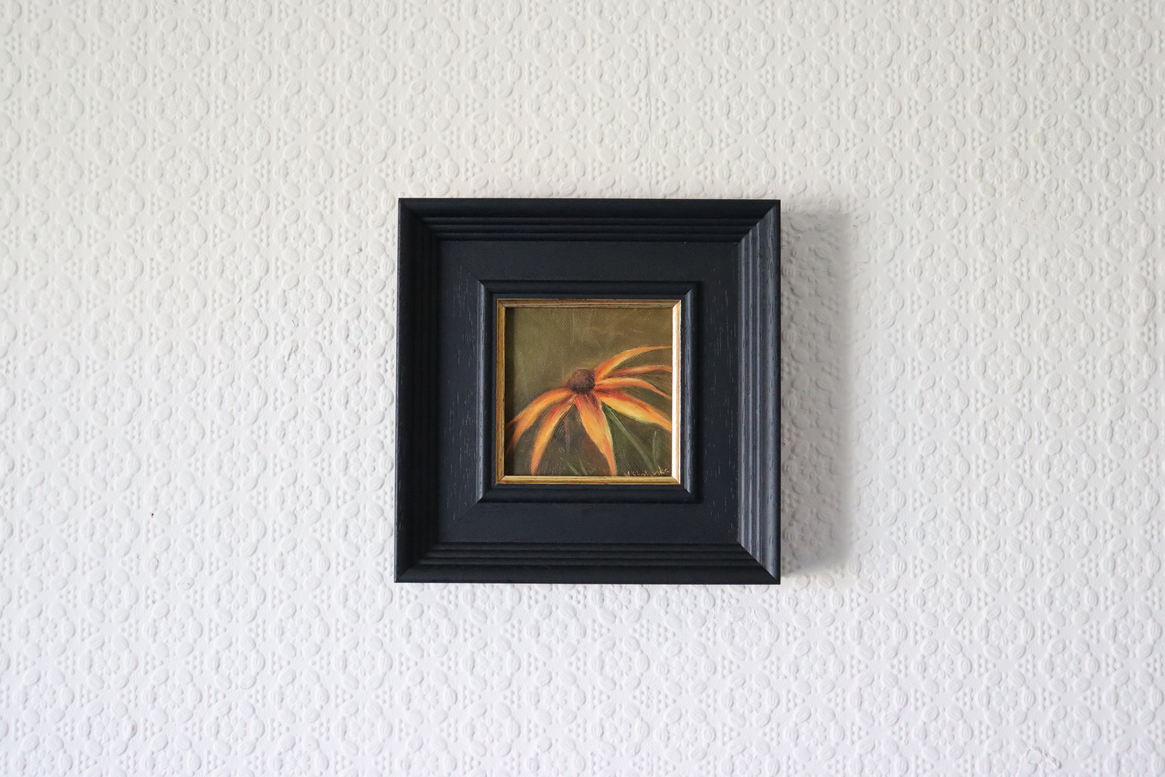 Small framed Original oil painting of Brown-Eyed Susan flowers, golden daisy-like blooms in a floral still life