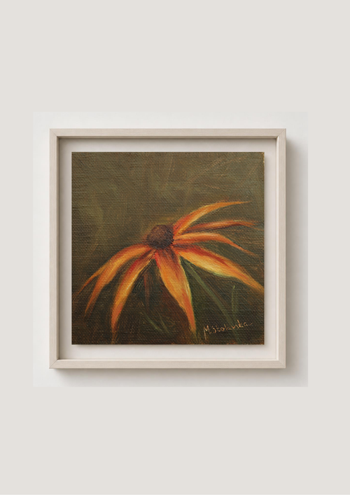 A framed painting of a single orange and yellow flower with a dark brown center, set against a dark olive background, housed in a light beige frame and mounted on a light gray wall. Small framed Original oil painting of Brown-Eyed Susan flowers, golden daisy-like blooms in a floral still life