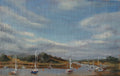 Harbor scene with boats and a cloudy sky. Original oil painting of the Norfolk Broads busy with boats, summer scene on the waterways